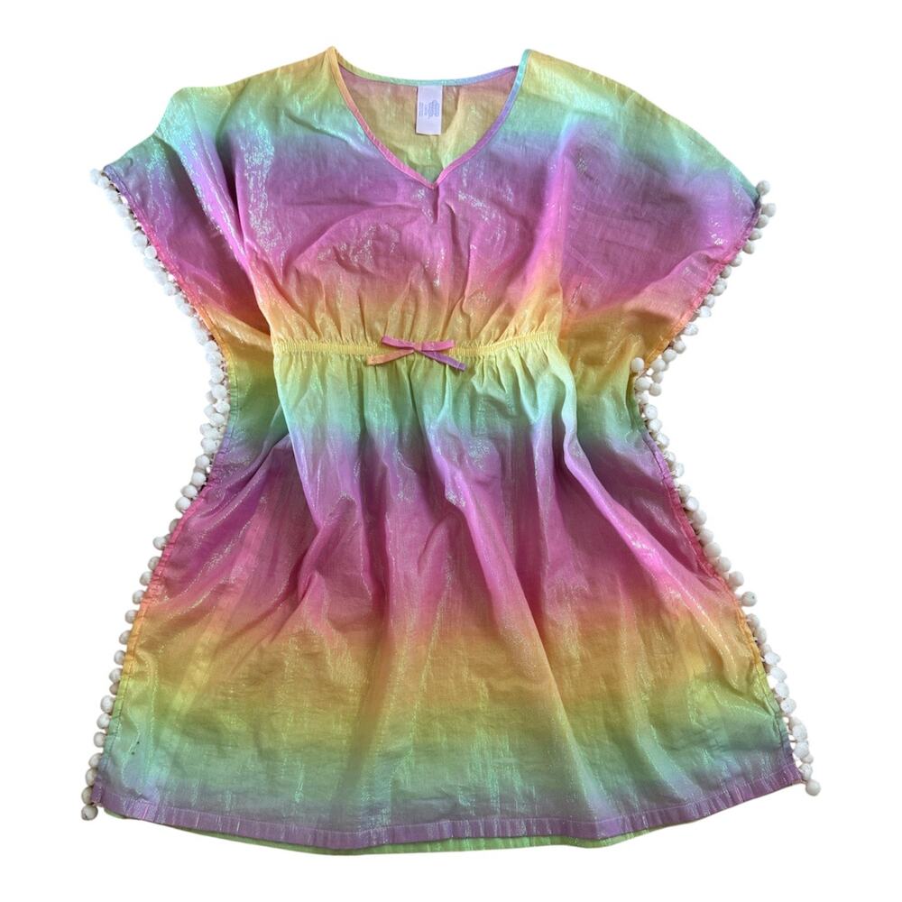 Girls L 10-12 More Than Magic Rainbow Iridescent Short Sleeve Pom Swim Cover Up